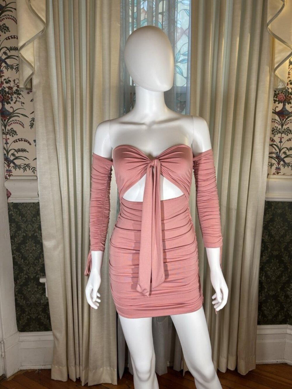 Pink Tie Front Bust Stretch Bodycon Mini Dress Small Double Lined Y2K 90s